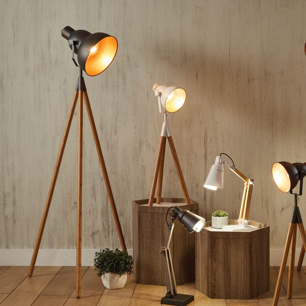 Larkin Grey Metal & Natural Wood Tripod Floor Film Light.