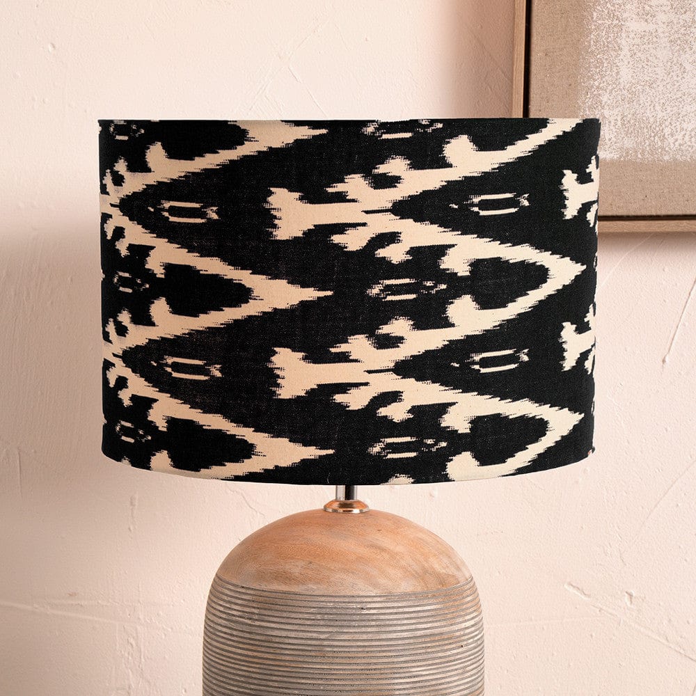 Lars 40cm Black Ikat Patterned Cylinder Lampshade.