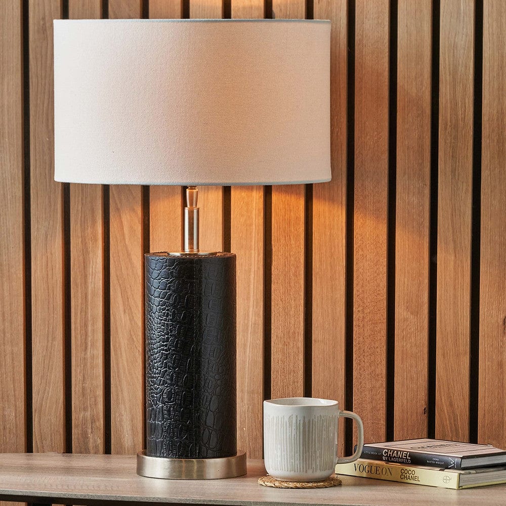 Laurence Black Croc Leather and Silver Cylindrical Table Lamp Base with Henry 35cm White Handloom Cylinder Lampshade.