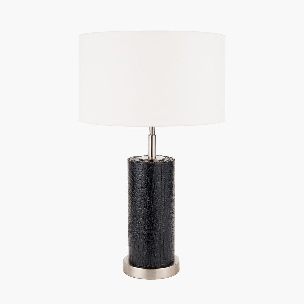 Laurence Black Croc Leather and Silver Cylindrical Table Lamp Base with Henry 35cm White Handloom Cylinder Lampshade.