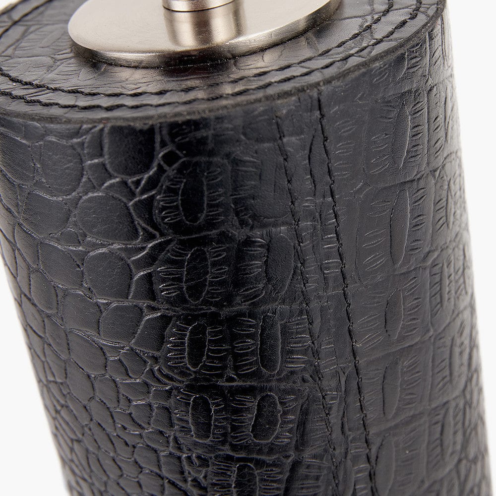 Laurence Black Croc Leather and Silver Cylindrical Table Lamp Base with Henry 35cm White Handloom Cylinder Lampshade.