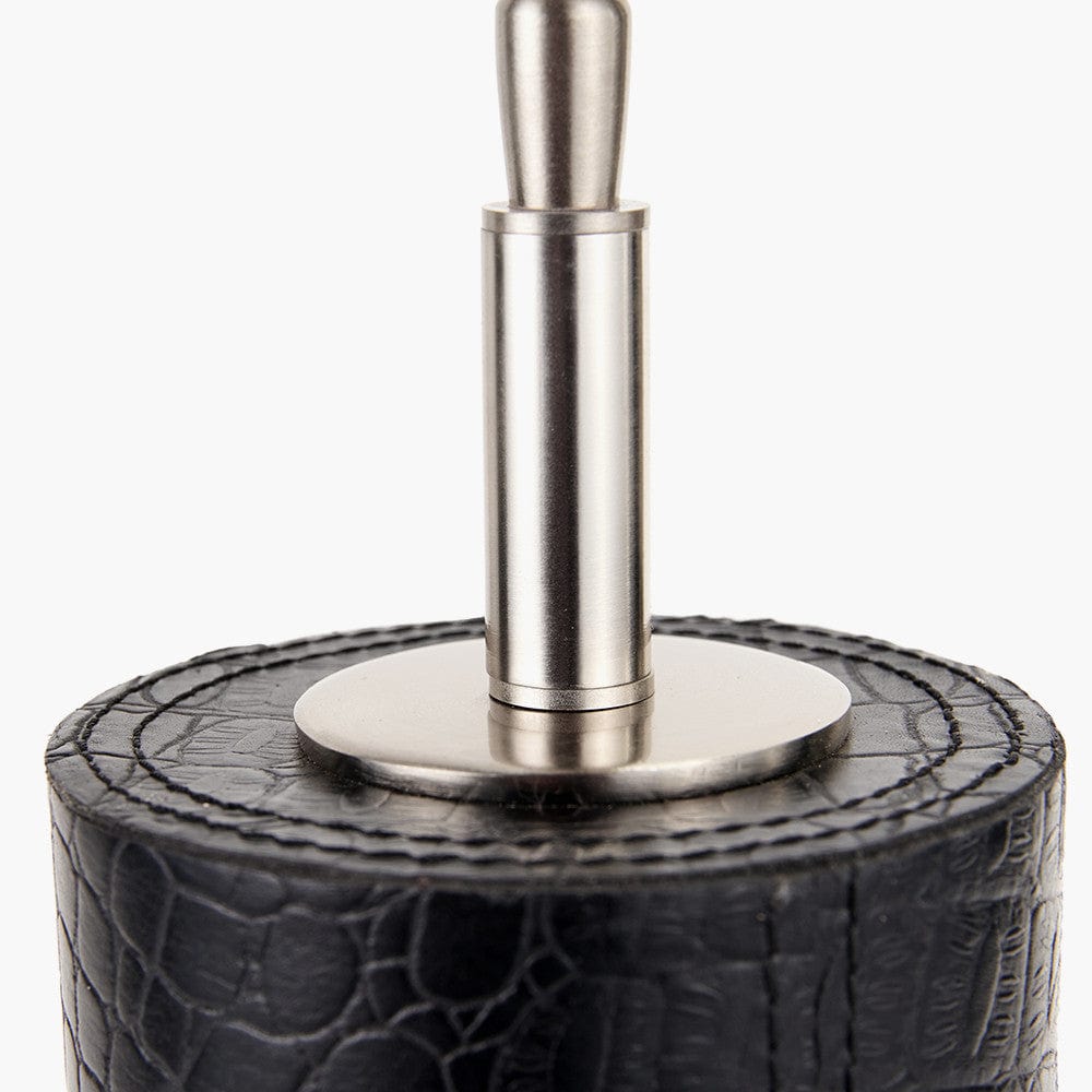 Laurence Black Croc Leather and Silver Cylindrical Table Lamp Base with Henry 35cm White Handloom Cylinder Lampshade.