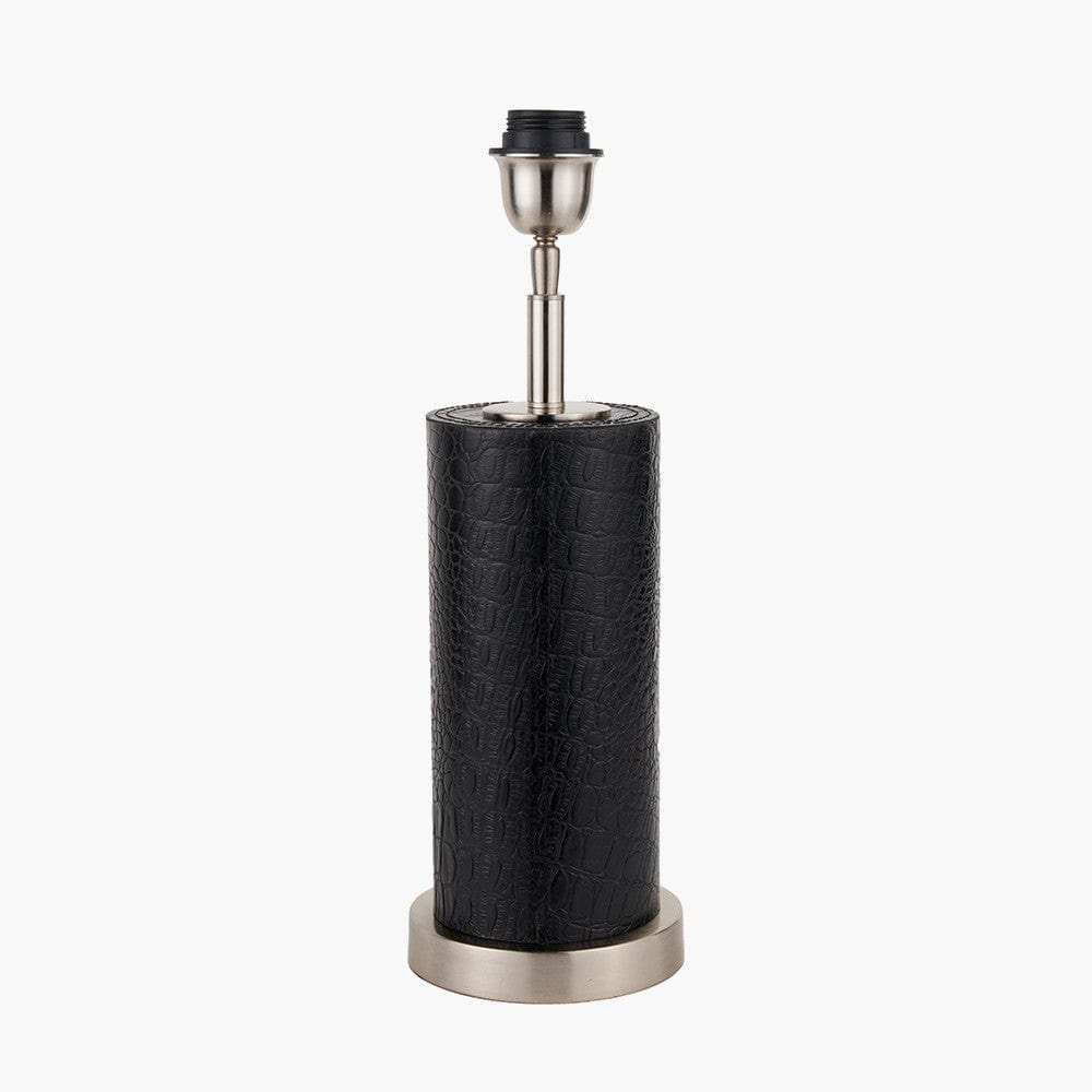 Laurence Black Croc Leather and Silver Cylindrical Table Lamp Base with Henry 35cm White Handloom Cylinder Lampshade.