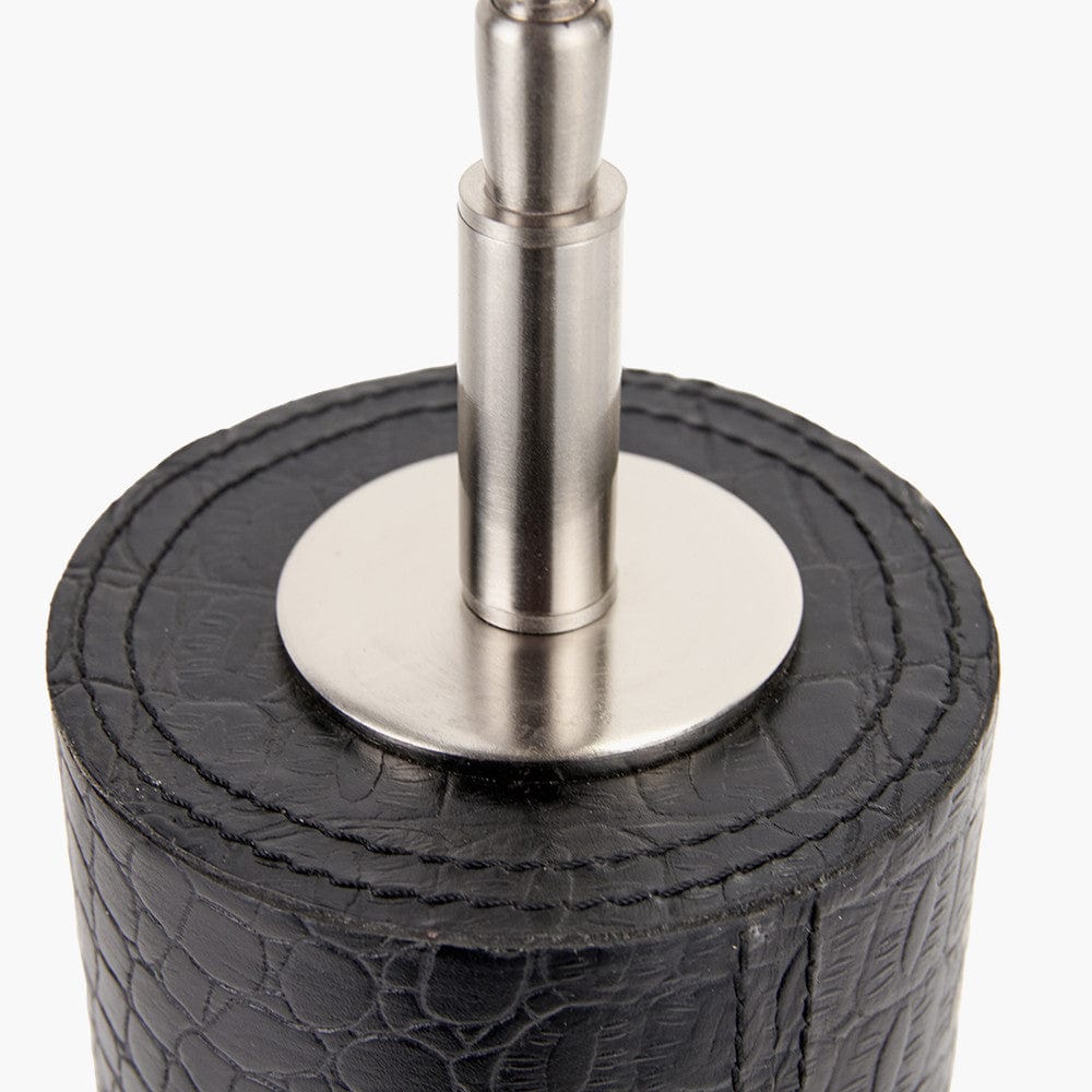 Laurence Black Croc Leather and Silver Cylindrical Table Lamp.