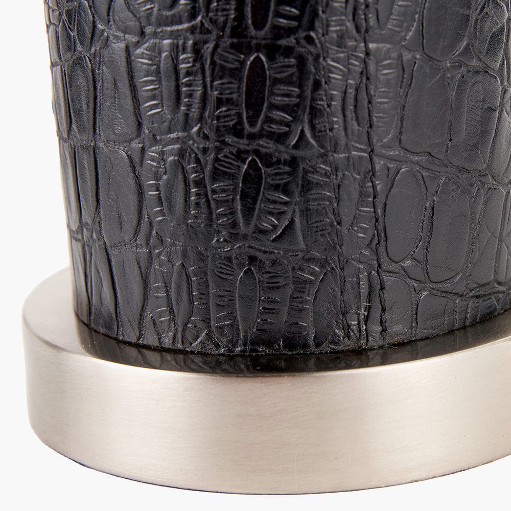 Laurence Black Croc Leather and Silver Cylindrical Table Lamp.