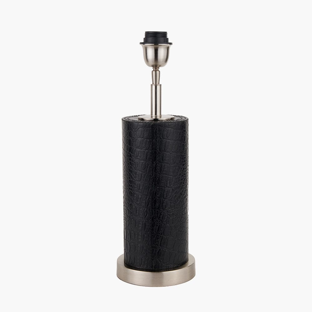 Laurence Black Croc Leather and Silver Cylindrical Table Lamp.