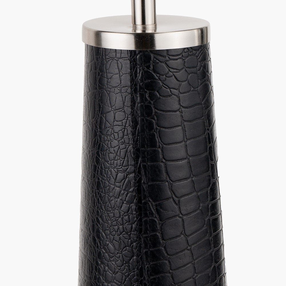 Laurence Black Croc Leather and Silver Table Lamp Base with Henry 40cm White Handloom Cylinder Lampshade.