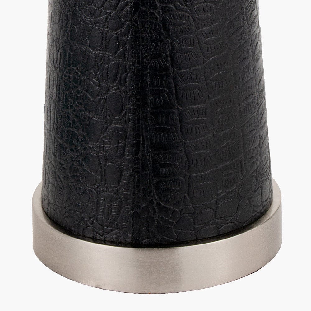 Laurence Black Croc Leather and Silver Table Lamp Base with Henry 40cm White Handloom Cylinder Lampshade.