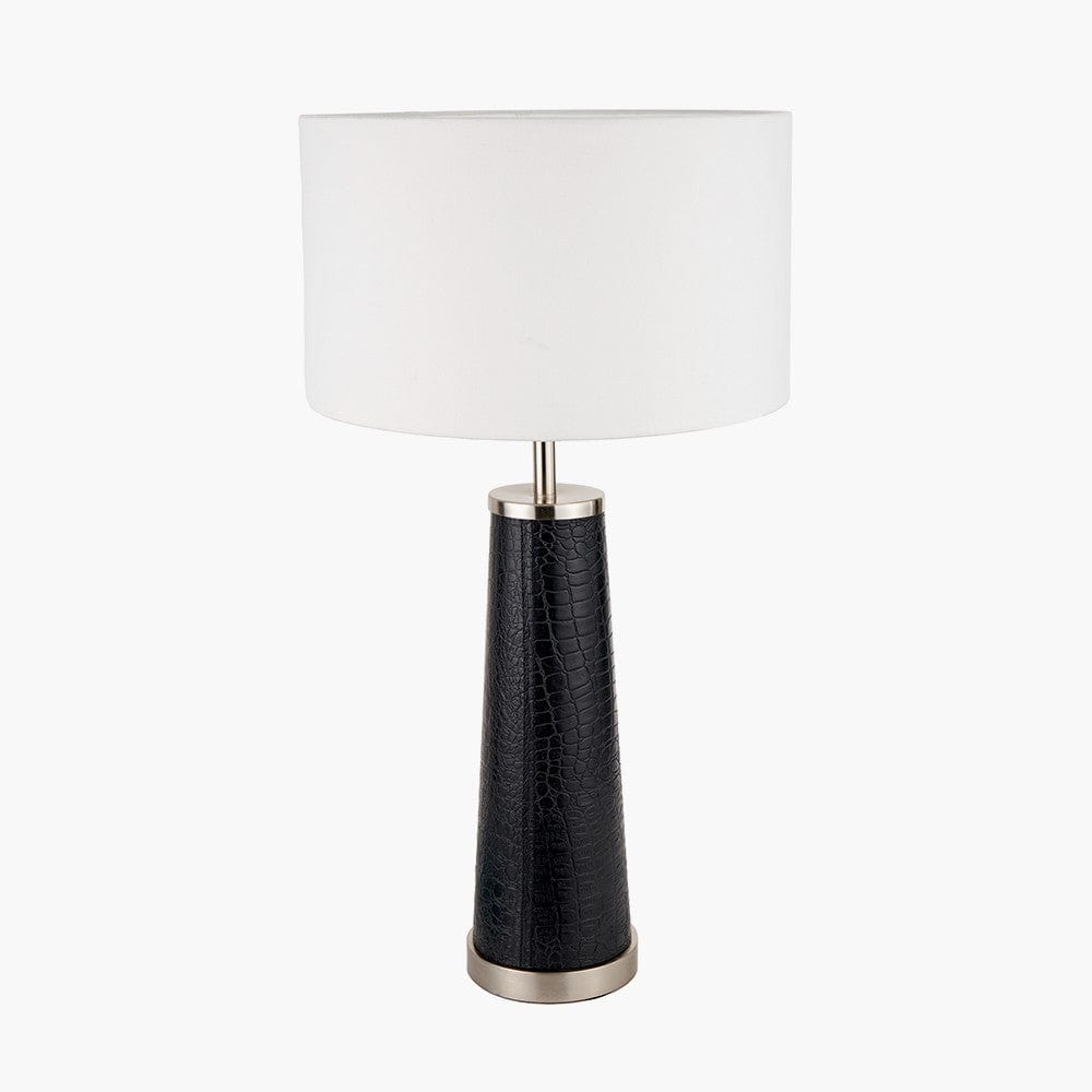 Laurence Black Croc Leather and Silver Table Lamp Base with Henry 40cm White Handloom Cylinder Lampshade.