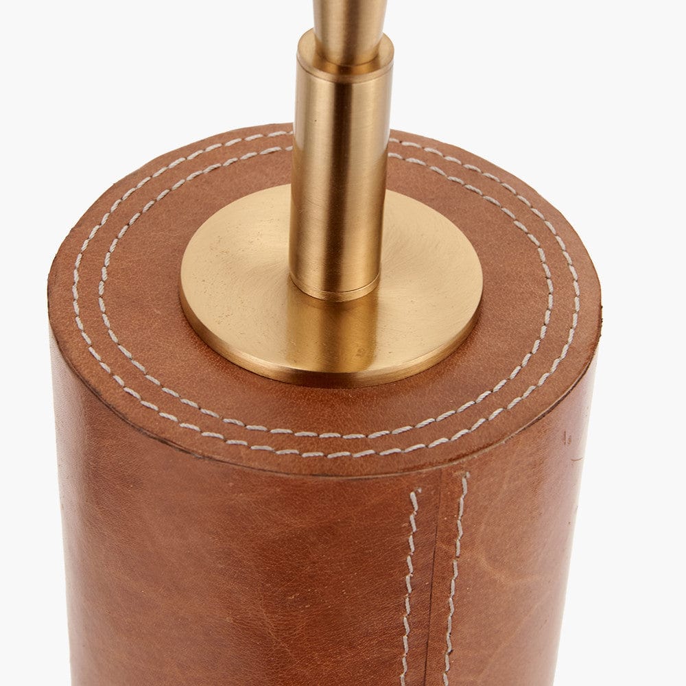 Laurence Tan Leather and Brass Cylindrical Table Lamp Base with Lino 35cm White Self Lined Linen Cylinder Lampshade.