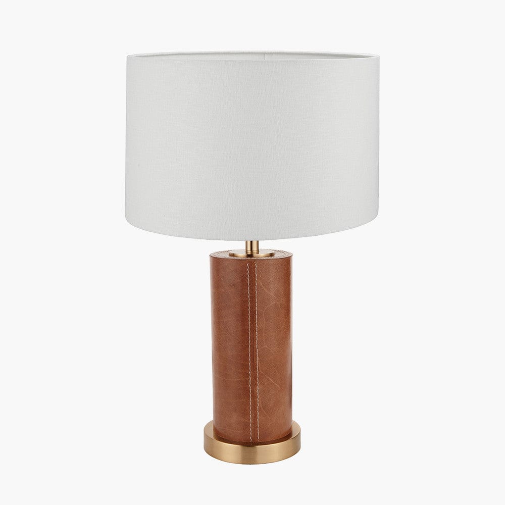 Laurence Tan Leather and Brass Cylindrical Table Lamp Base with Lino 35cm White Self Lined Linen Cylinder Lampshade.