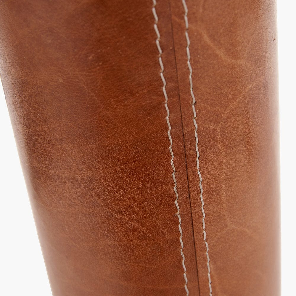 Laurence Tan Leather and Brass Cylindrical Table Lamp Base with Lino 35cm White Self Lined Linen Cylinder Lampshade.