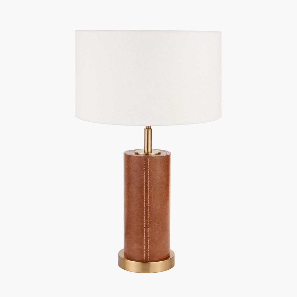 Laurence Tan Leather and Brass Cylindrical Table Lamp.
