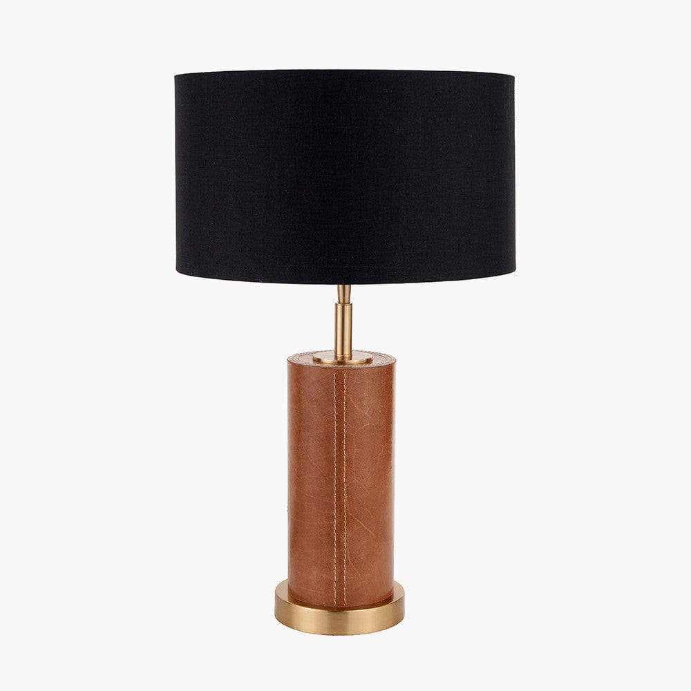 Laurence Tan Leather and Brass Cylindrical Table Lamp.