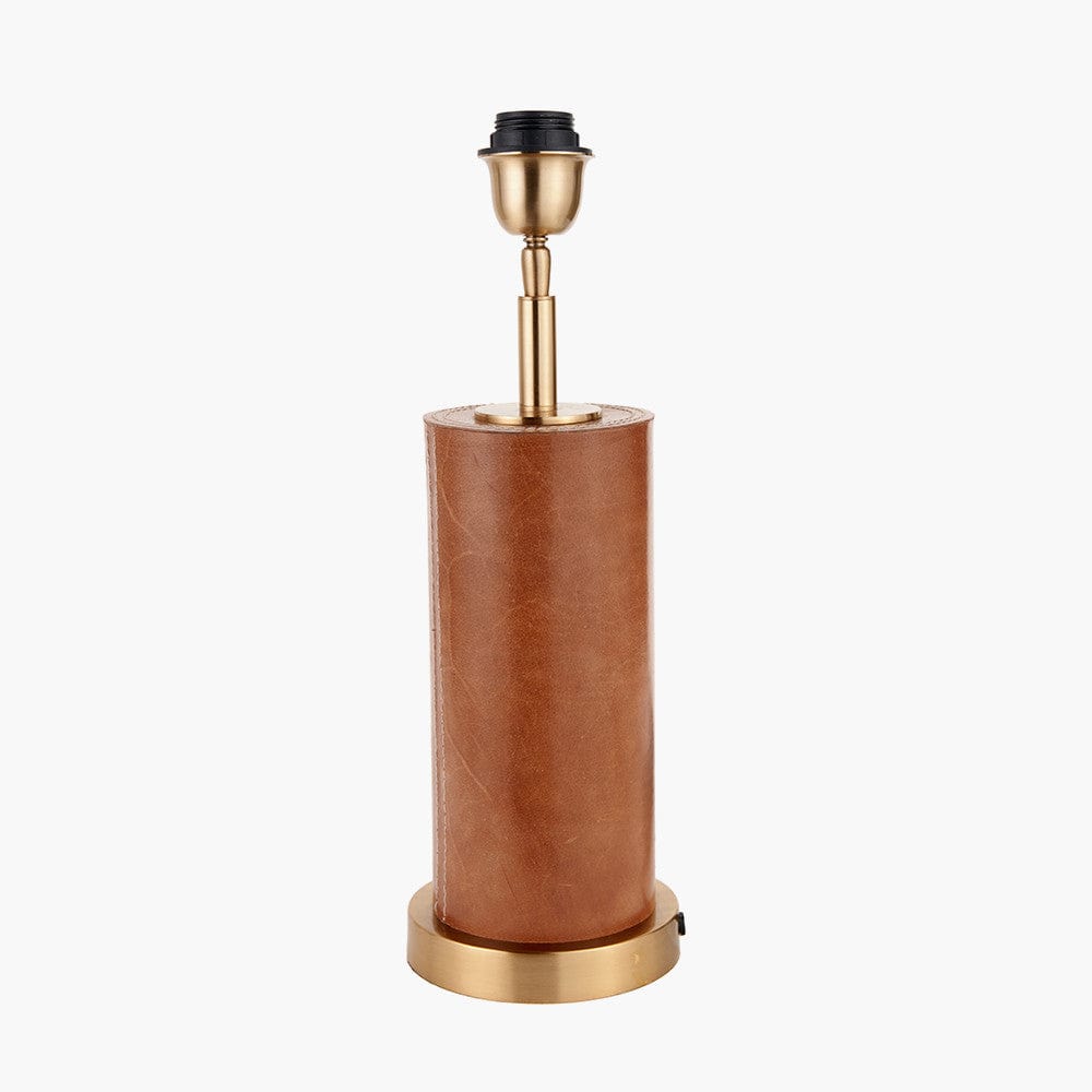 Laurence Tan Leather and Brass Cylindrical Table Lamp.