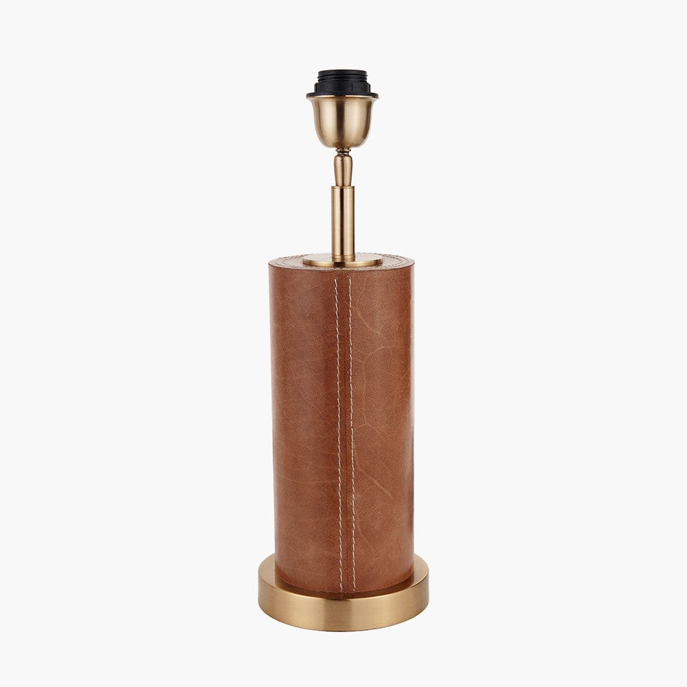 Laurence Tan Leather and Brass Cylindrical Table Lamp.