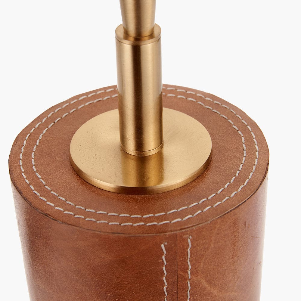 Laurence Tan Leather and Brass Cylindrical Table Lamp.