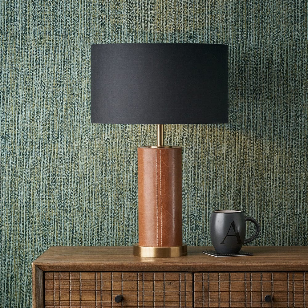 Laurence Tan Leather and Brass Cylindrical Table Lamp.