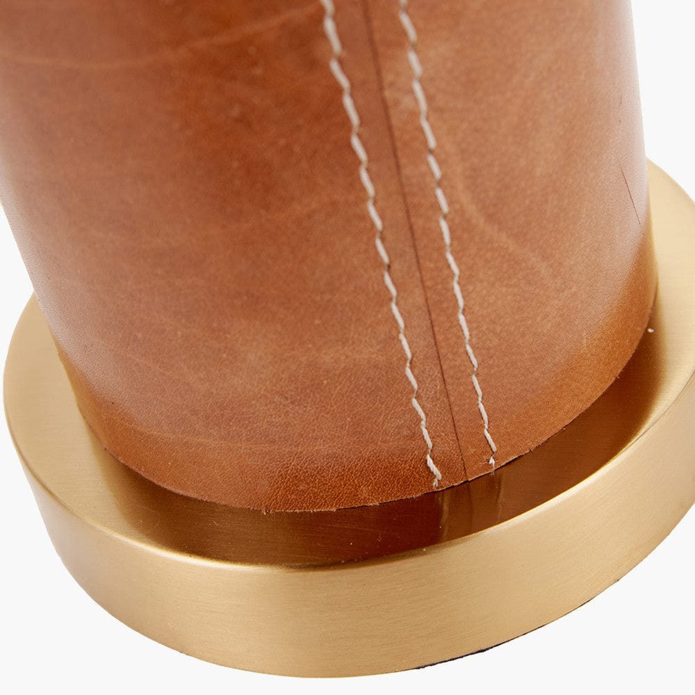 Laurence Tan Leather and Brass Cylindrical Table Lamp.
