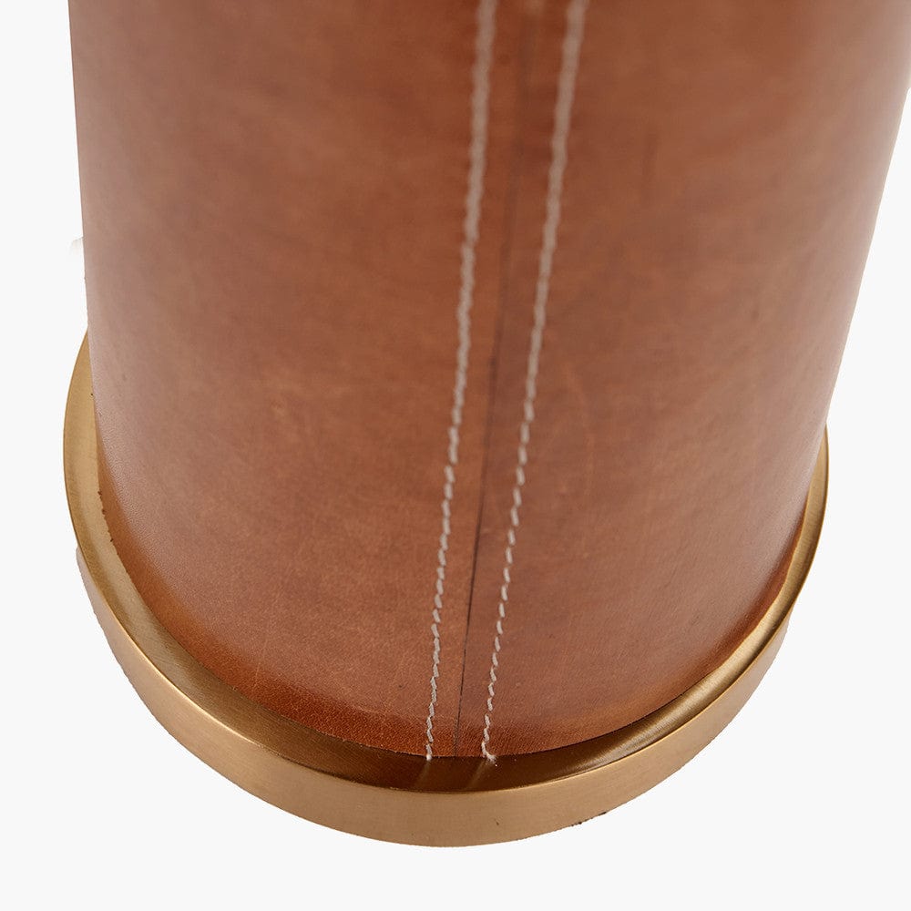Laurence Tan Leather and Brass Table Lamp Base with Lino 40cm White Self Lined Linen Cylinder Lampshade.