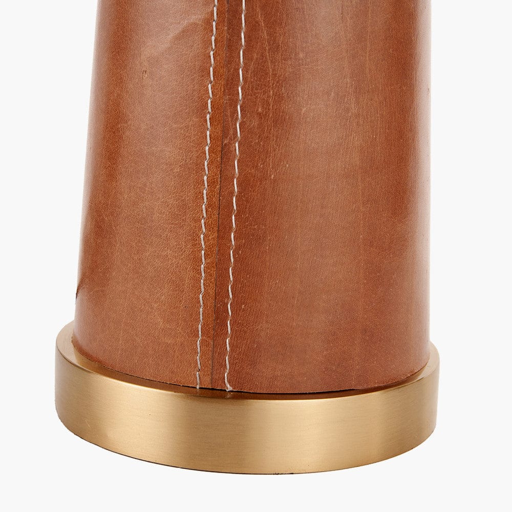 Laurence Tan Leather and Brass Table Lamp Base with Lino 40cm White Self Lined Linen Cylinder Lampshade.