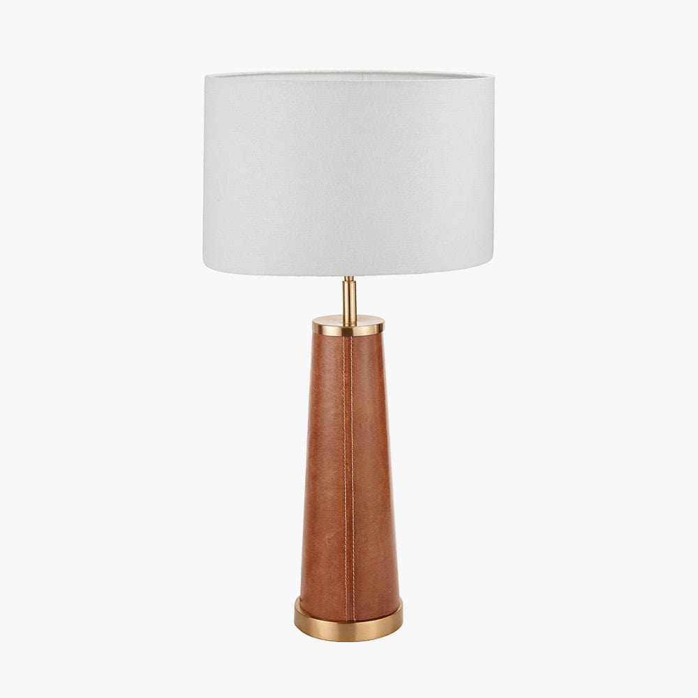 Laurence Tan Leather and Brass Table Lamp Base with Lino 40cm White Self Lined Linen Cylinder Lampshade.