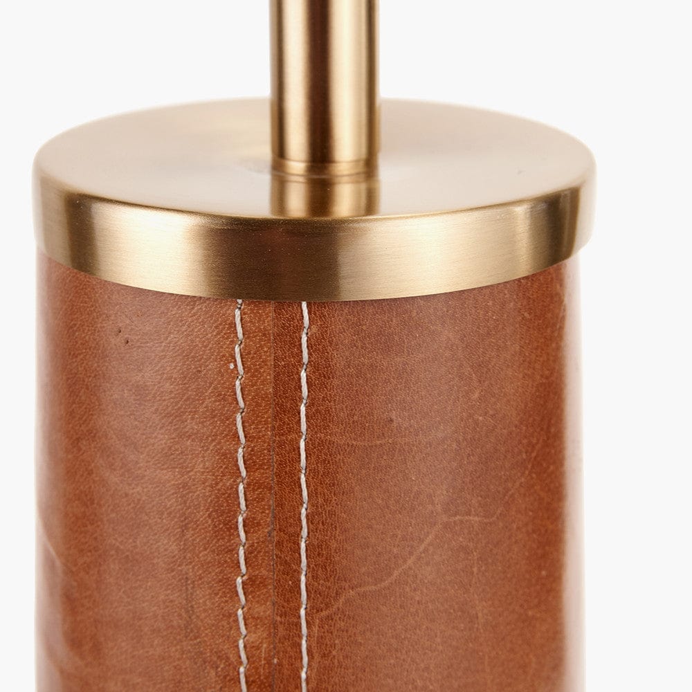 Laurence Tan Leather and Brass Table Lamp Base with Lino 40cm White Self Lined Linen Cylinder Lampshade.