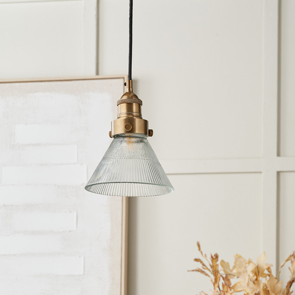 Pacific Lifestyle Lighting Lenox Conical Ribbed Glass with Antique Brass Fitting Elec Pendant House of Isabella UK