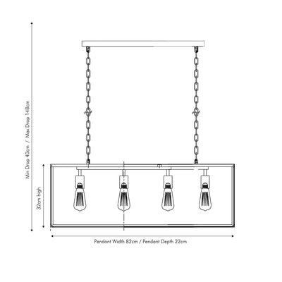 Pacific Lifestyle Lighting Llewellyn Matt Black Metal & Glass Four Bulb Pendant House of Isabella UK