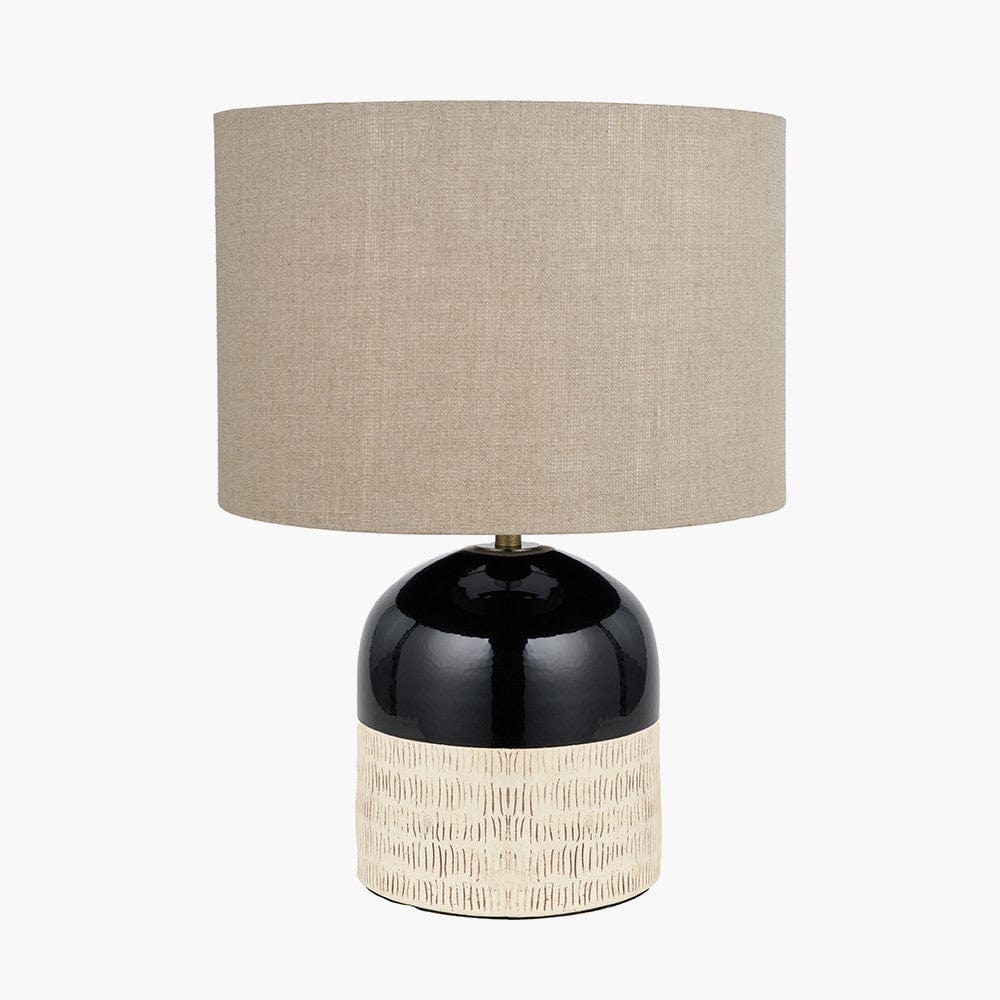 Lotta Black and Natural Stoneware Table Lamp Base with Edward 35cm Natural Linen Cylinder Lampshade.