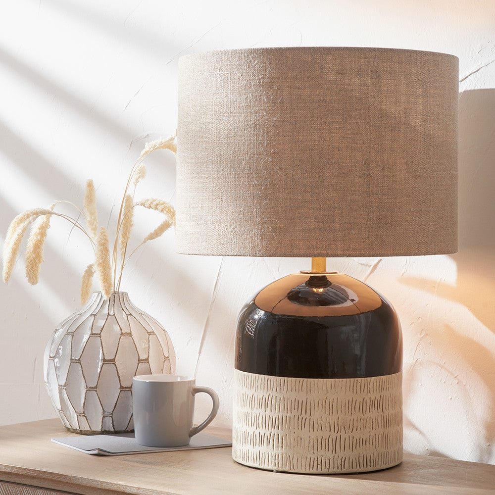Lotta Black and Natural Stoneware Table Lamp Base with Edward 35cm Natural Linen Cylinder Lampshade.