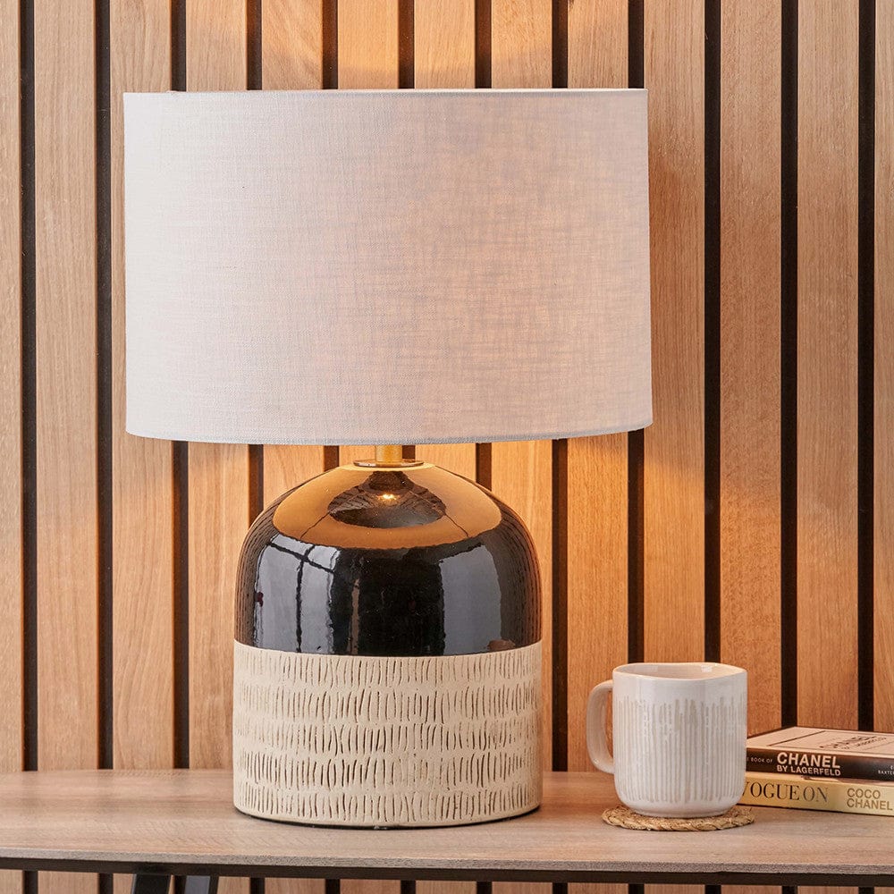 Lotta Black and Natural Stoneware Table Lamp Base with Lino 35cm White Self Lined Linen Cylinder Lampshade.