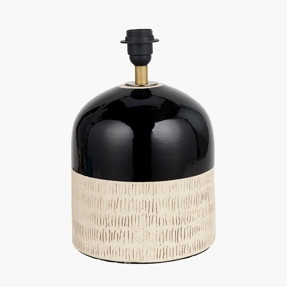 Lotta Black and Natural Stoneware Table Lamp Base with Lino 35cm White Self Lined Linen Cylinder Lampshade.