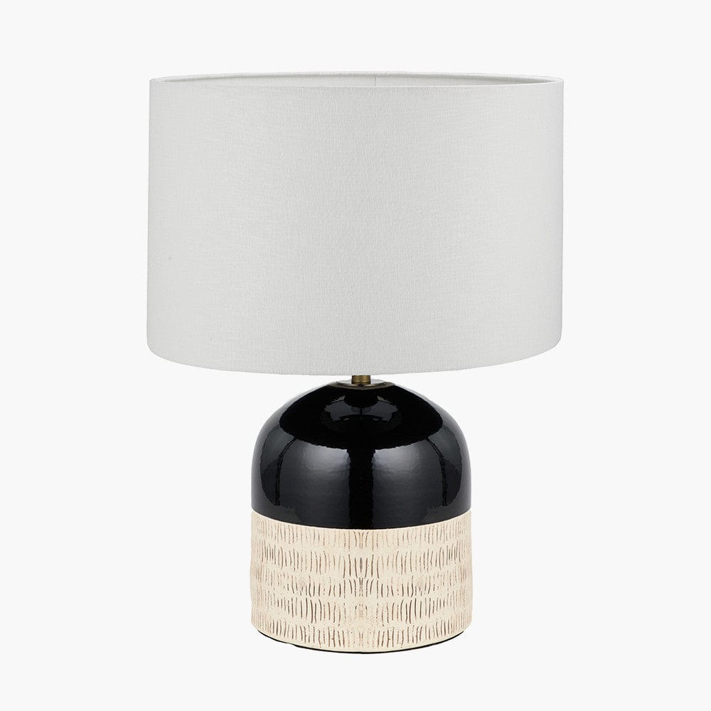 Lotta Black and Natural Stoneware Table Lamp Base with Lino 35cm White Self Lined Linen Cylinder Lampshade.