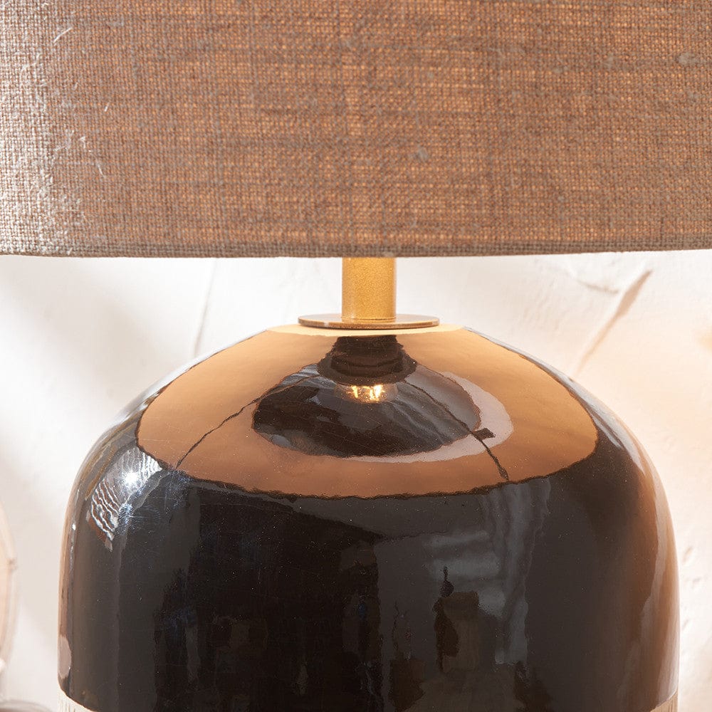 Lotta Black and Natural Stoneware Table Lamp with Edward 35cm Natural Linen Cylinder Shade.