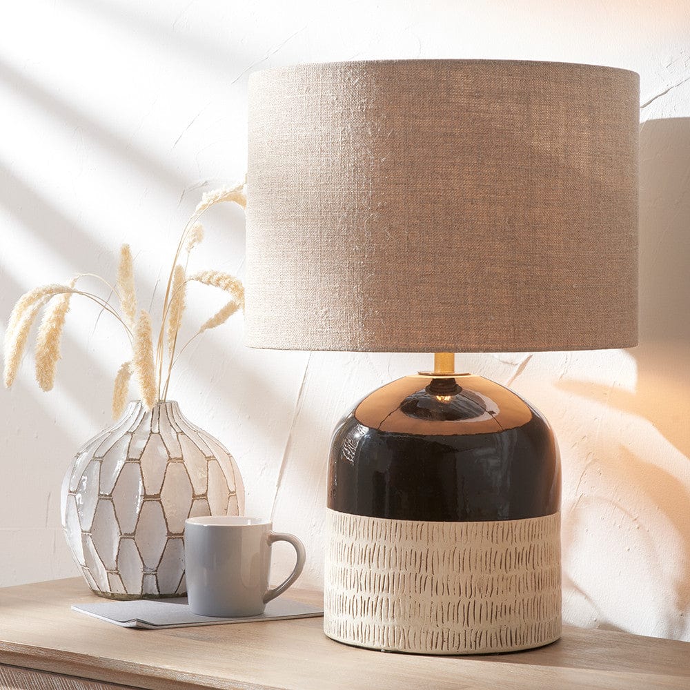 Lotta Black and Natural Stoneware Table Lamp with Edward 35cm Natural Linen Cylinder Shade.