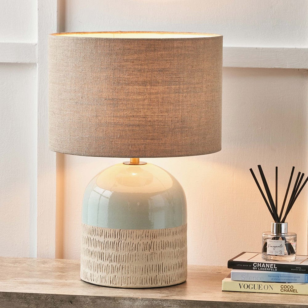 Lotta Duck Egg and Natural Stoneware Table Lamp Base with Edward 35cm Natural Linen Cylinder Lampshade.