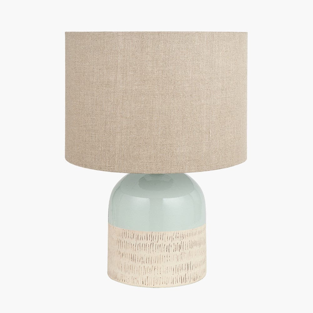 Lotta Duck Egg and Natural Stoneware Table Lamp Base with Edward 35cm Natural Linen Cylinder Lampshade.