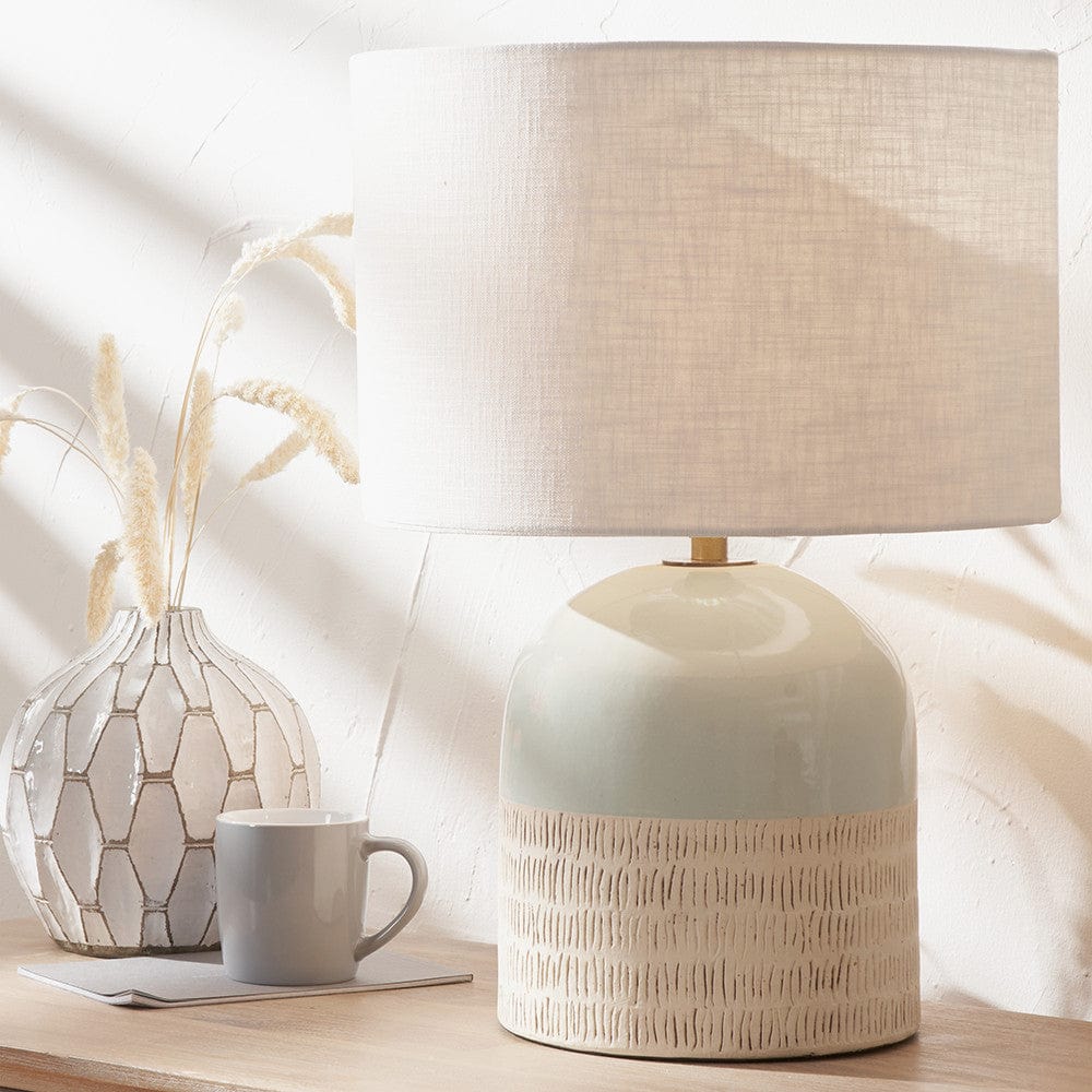 Lotta Duck Egg and Natural Stoneware Table Lamp Base with Lino 35cm White Self Lined Linen Cylinder Lampshade.