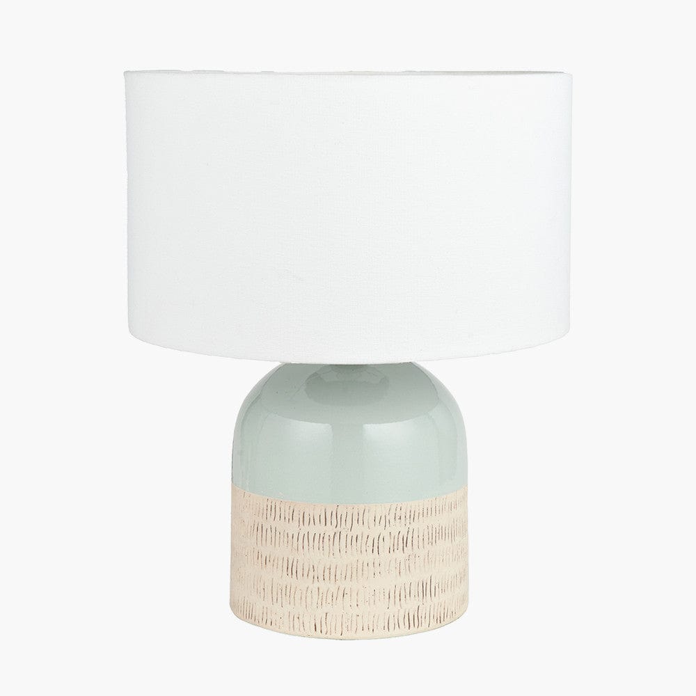 Lotta Duck Egg and Natural Stoneware Table Lamp Base with Lino 35cm White Self Lined Linen Cylinder Lampshade.