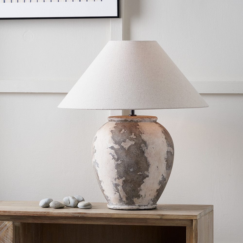 Lulia Antique Finish Stoneware Urn Table Lamp Base with Harley 50cm Slubby Hopsack Empire Lampshade.