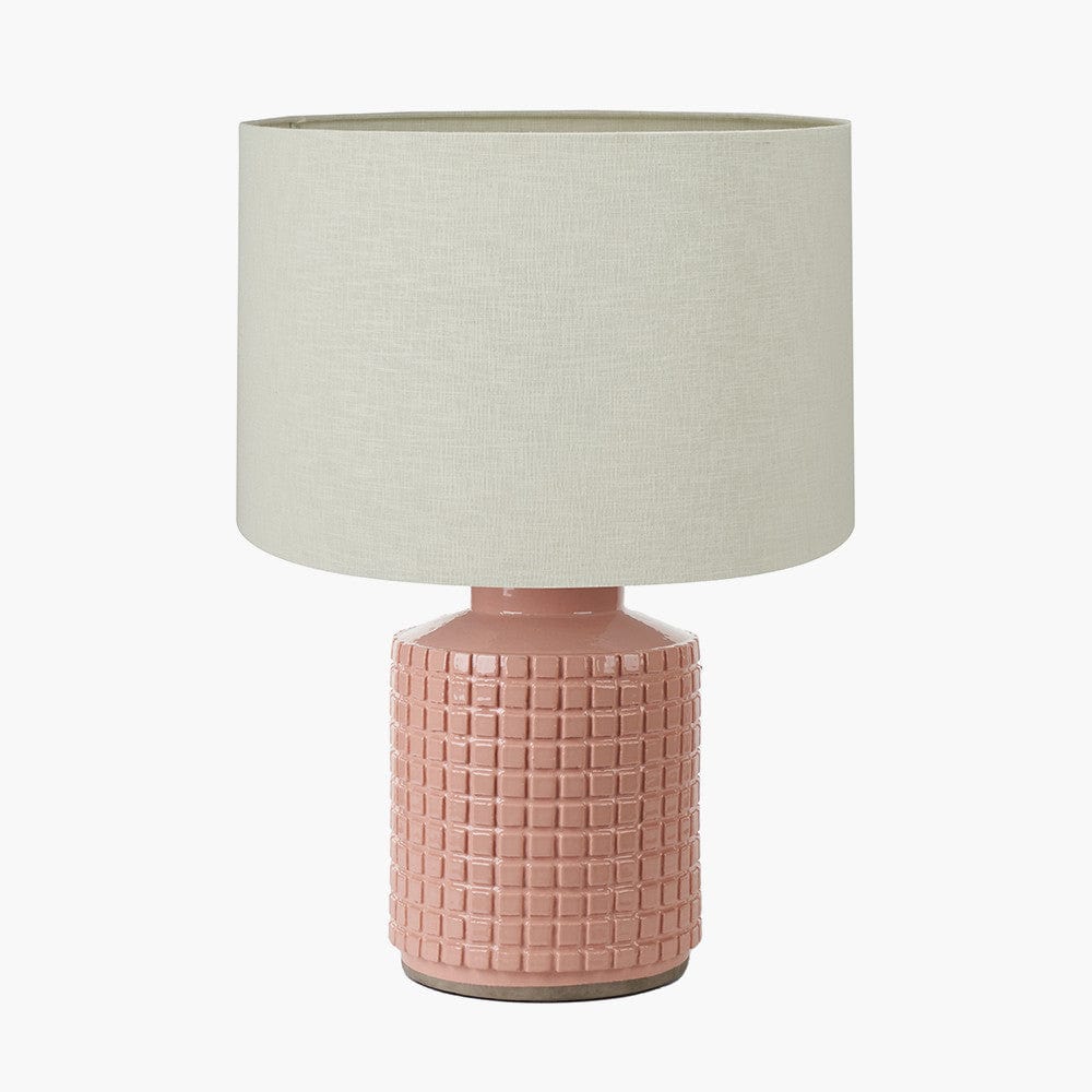 Malone Textured Apricot Squares Design Stoneware Table Lamp Base with Lino 40cm Cream Self Lined Linen Cylinder Lampshade.