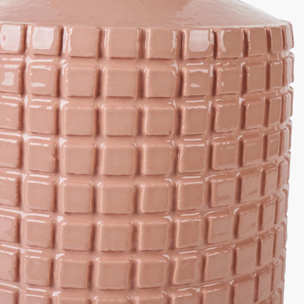 Malone Textured Apricot Squares Design Stoneware Table Lamp Base with Lino 40cm Cream Self Lined Linen Cylinder Lampshade.