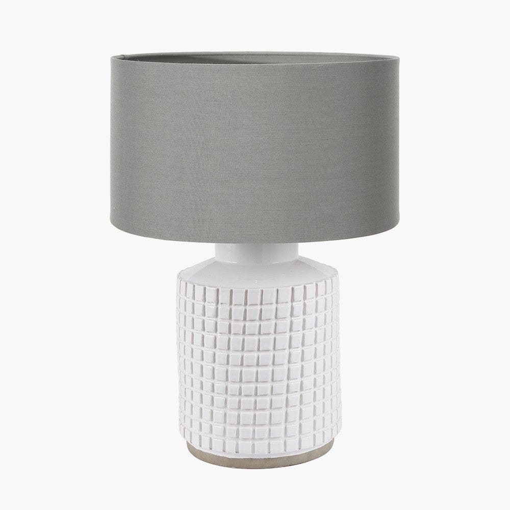 Malone Textured White Squares Design Stoneware Table Lamp Base with Harry 35cm Steel Grey Cotton Mix Cylinder Lampshade.
