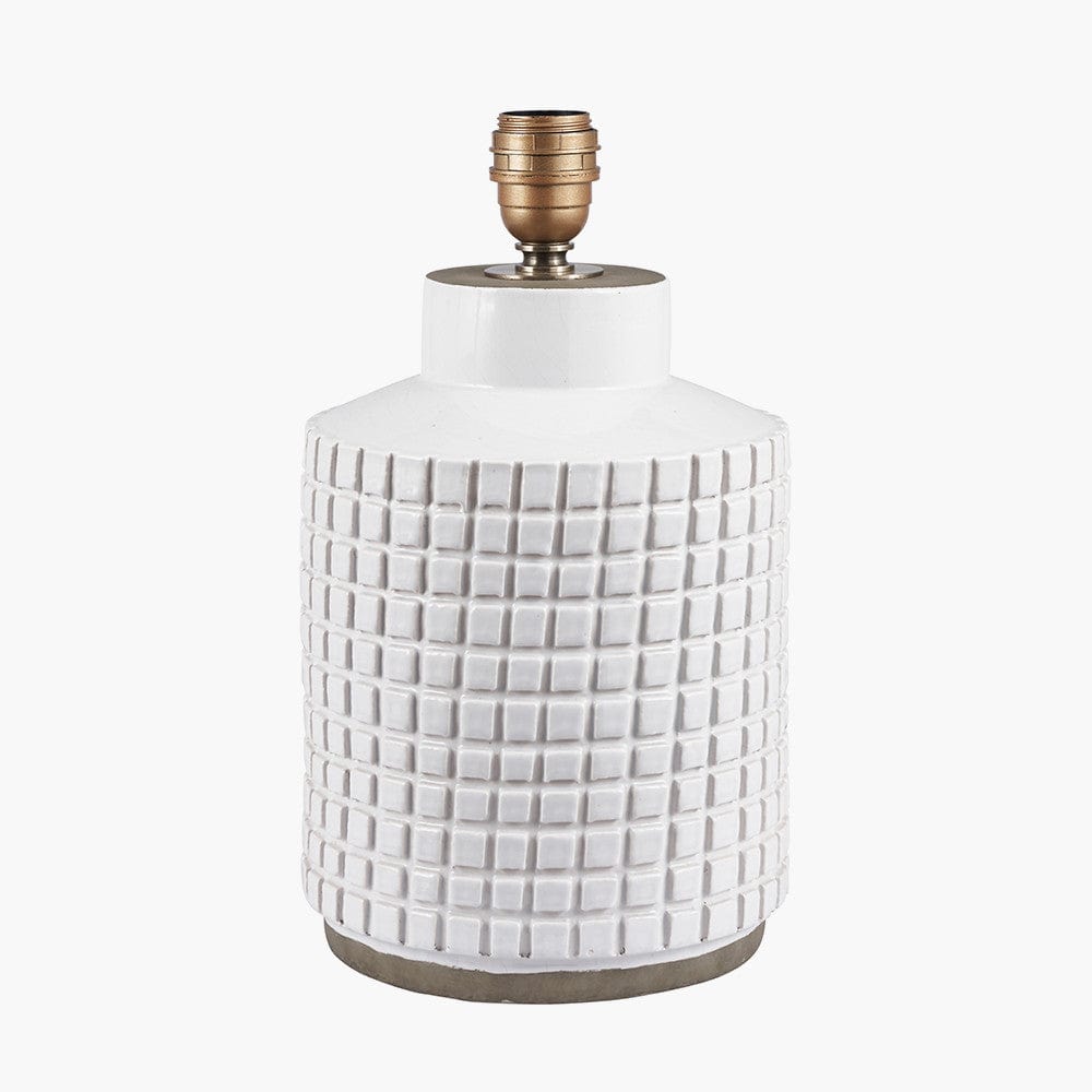 Malone Textured White Squares Design Stoneware Table Lamp Base with Harry 35cm Steel Grey Cotton Mix Cylinder Lampshade.