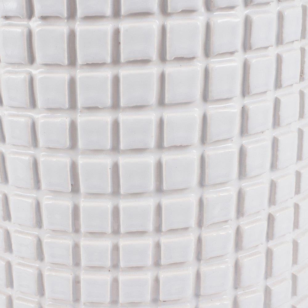 Malone Textured White Squares Design Stoneware Table Lamp Base with Harry 35cm Steel Grey Cotton Mix Cylinder Lampshade.