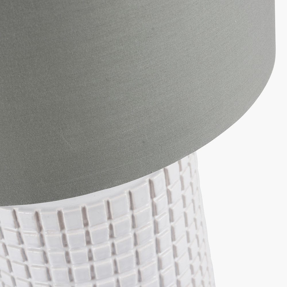 Malone Textured White Squares Design Stoneware Table Lamp Base with Harry 35cm Steel Grey Cotton Mix Cylinder Lampshade.