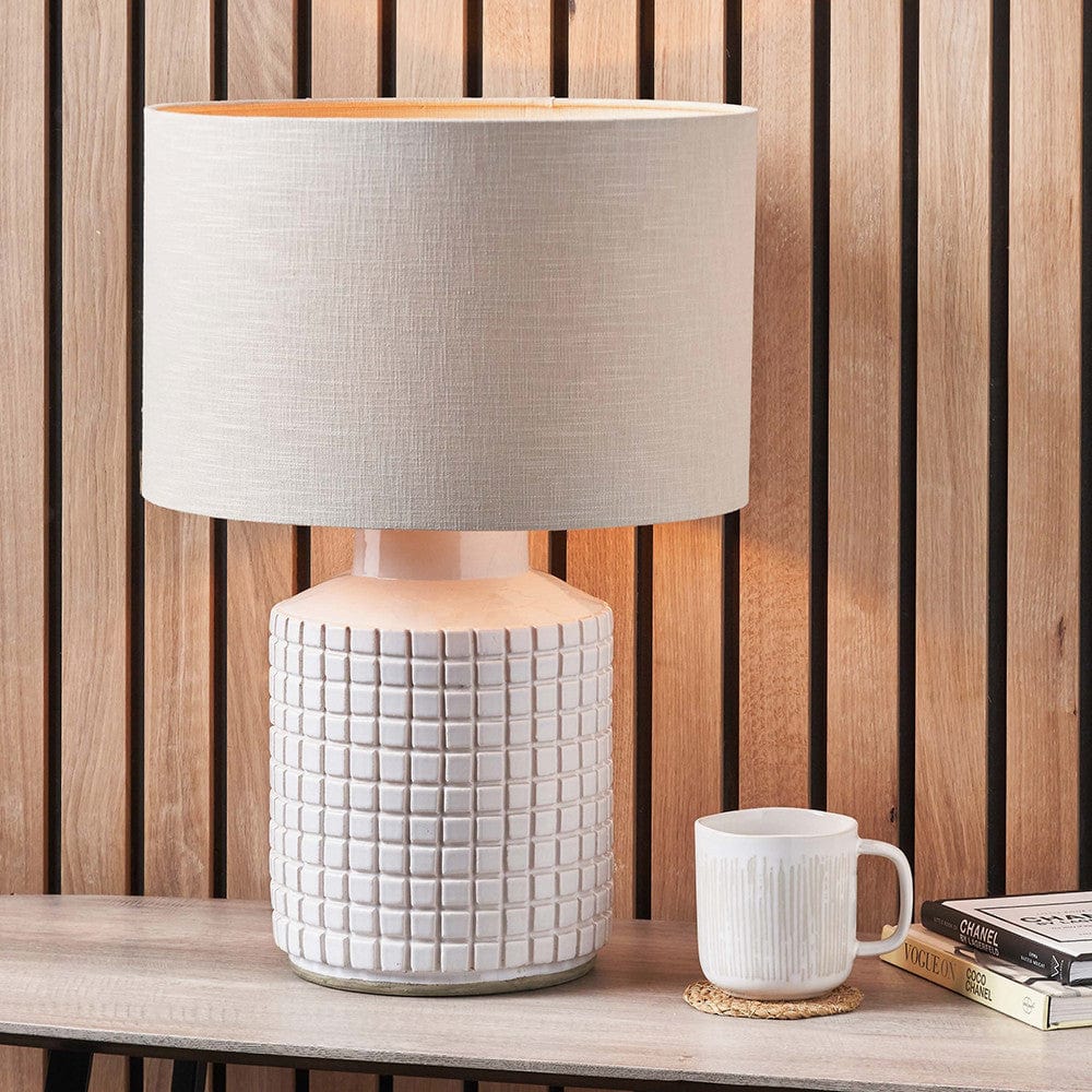 Malone Textured White Squares Design Stoneware Table Lamp Base with Lino 35cm Grey Self Lined Linen Cylinder Lampshade.