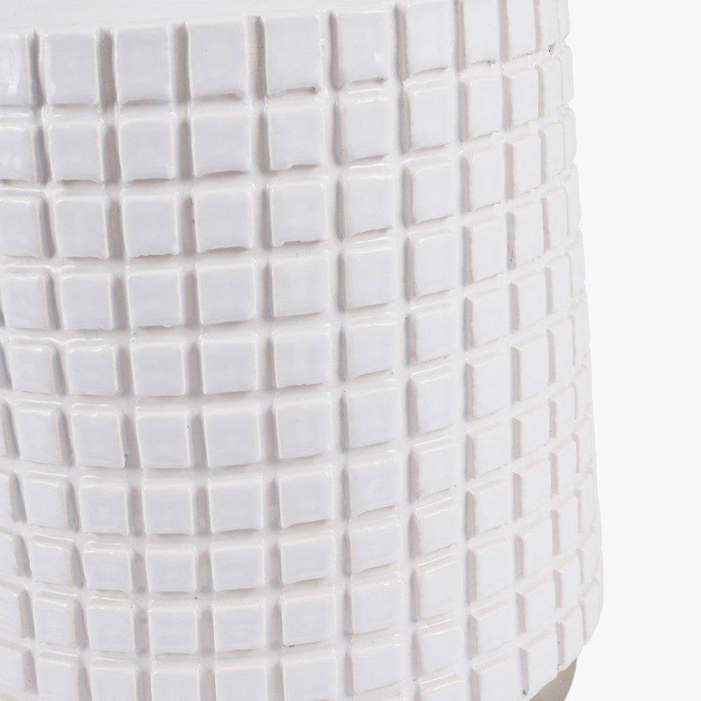 Malone Textured White Squares Design Stoneware Table Lamp Base with Lino 35cm Grey Self Lined Linen Cylinder Lampshade.