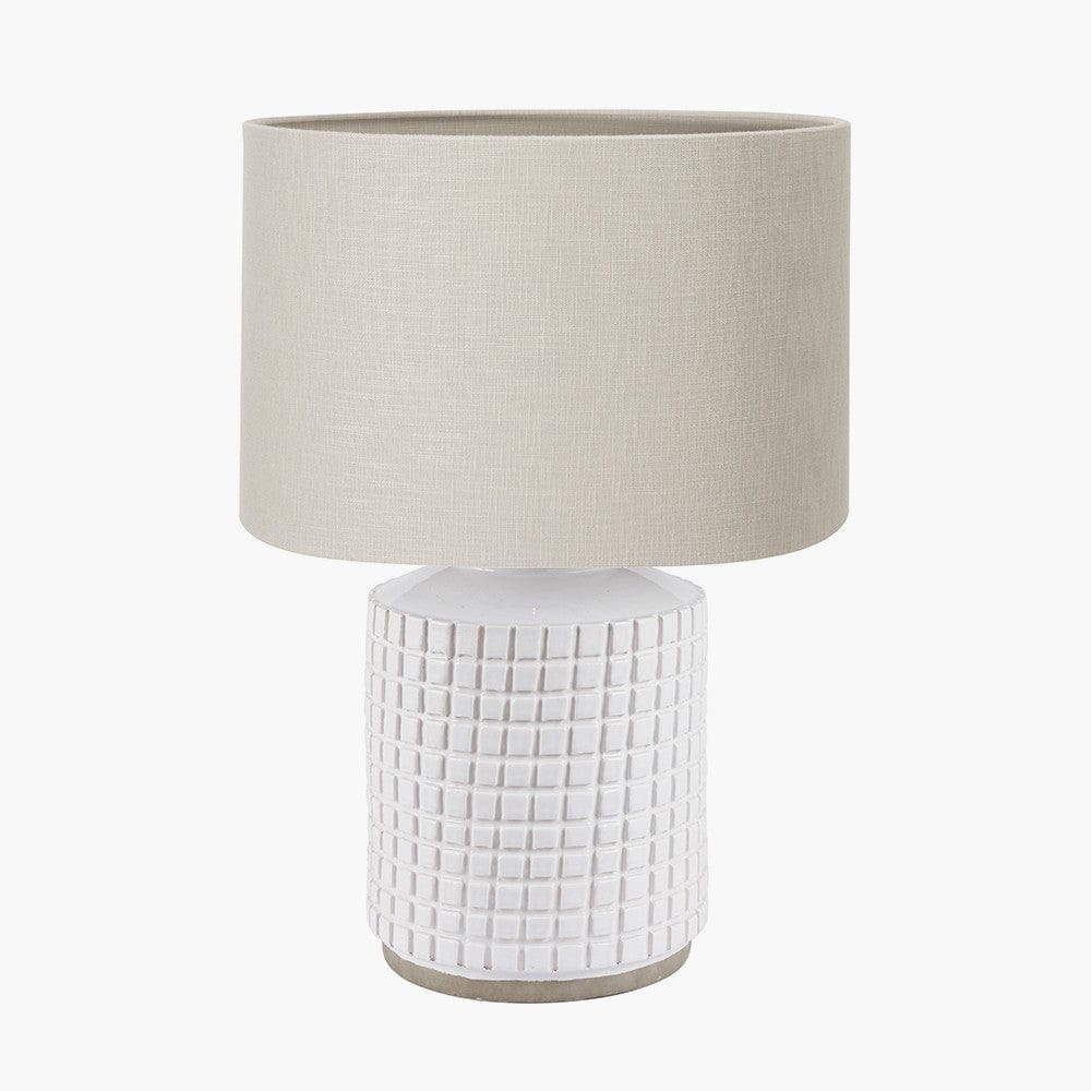 Malone Textured White Squares Design Stoneware Table Lamp Base with Lino 35cm Grey Self Lined Linen Cylinder Lampshade.